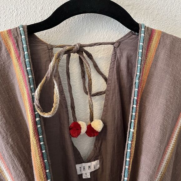 THML Women's Dress Size Small Brown Embroidered V-Neck Sleeveless Cotton Boho - Picture 6 of 16